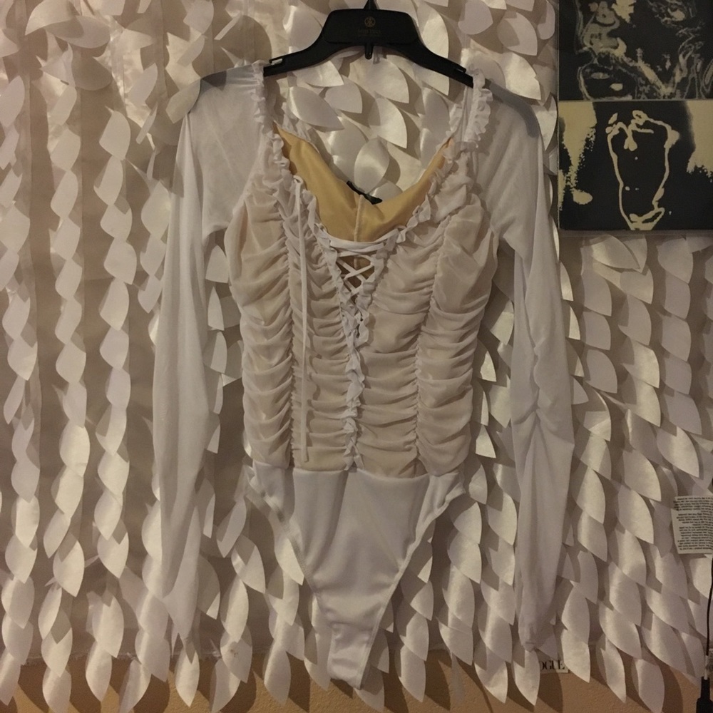 white ruched off the shoulder bodysuit